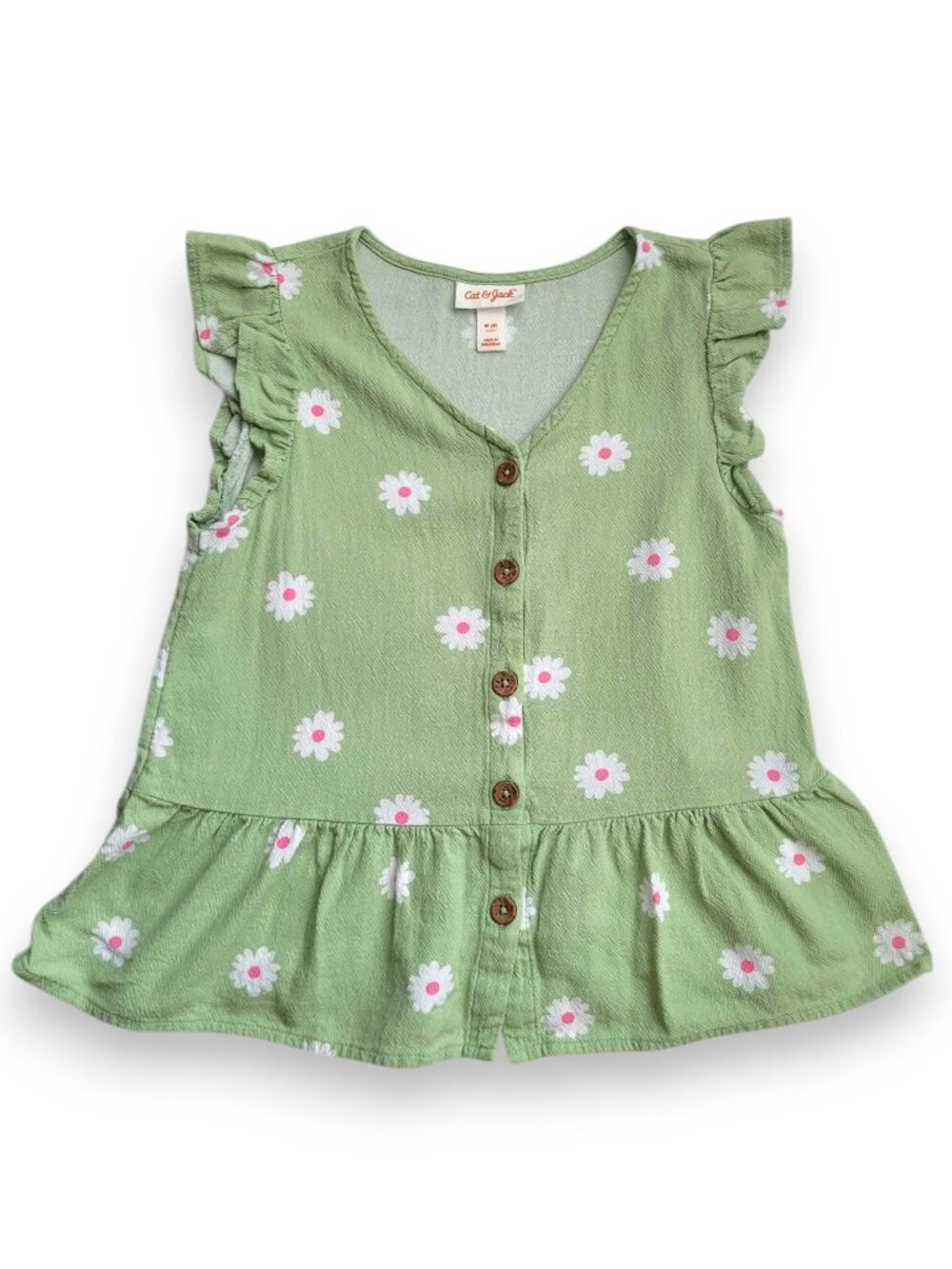 Cat & Jack Girls Daisy Top Size 8 Green Floral Button Front Flowy Peplum Shirt